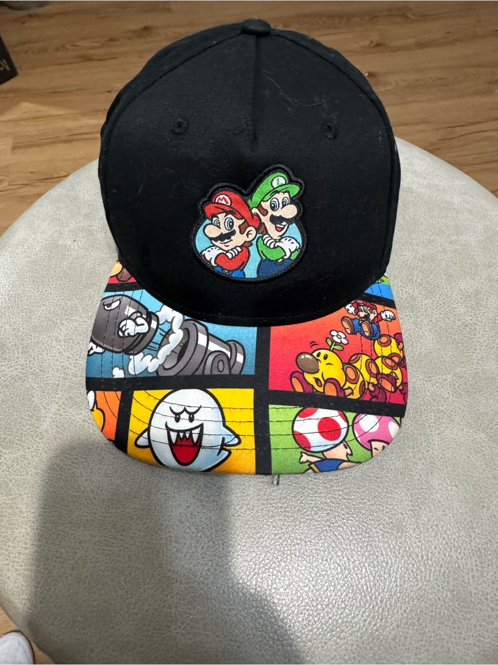 Black Super Mario Snapback Hat with Colorful Character Brim